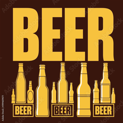 Bold 'beer' typography with illustrated beer bottles on a brown background