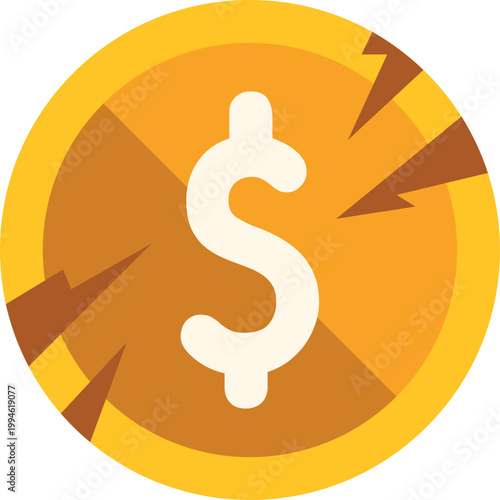 Dollar coin with cracks breaking apart, representing economic collapse and inflation