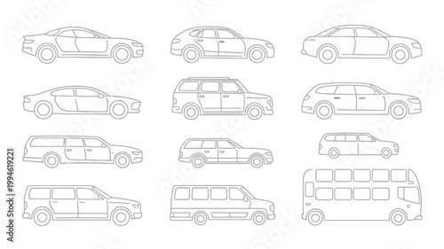 A collection of various vehicle outlines including cars vans a station wagon and a large passenger bus displayed in black and white high quality professional detailed