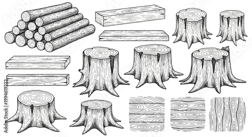 Wood elements collection: logs, planks, and stumps in sketch style