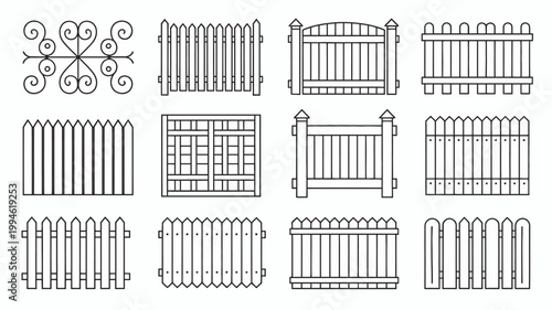 A collection of linear fence designs is displayed showcasing various styles and arrangements of wooden picket and panel fencing high quality professional detailed modern elegant stylish