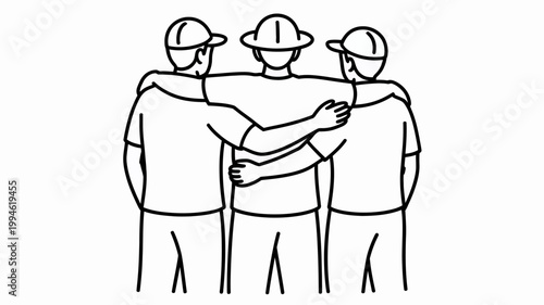 A simple black and white line drawing depicts three figures arms linked in a gesture of camaraderie and support standing together high quality professional detailed modern