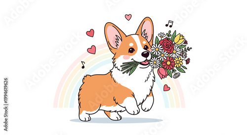 Cute Corgi Dog Holding a Beautiful Bouquet of Flowers in its Mouth.