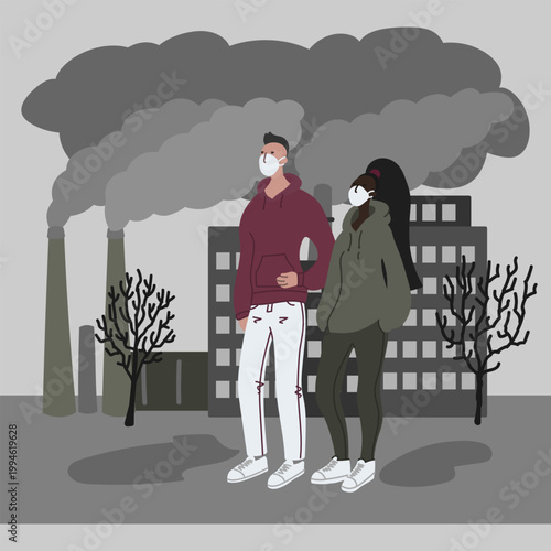 Vector hand drawn illustration with women and men in mask. Couple wearing mask against smog. City landscape chimneys emit smoke harmful emissions polluted air poor ecology in the city.