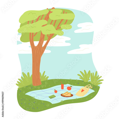 Summer picnic at park meadow background banner in cartoon flat design. Green grass lawn with flowers, tree, blanket with sandwiches and drinks. Empty summertime wallpaper. Vector cartoon illustration