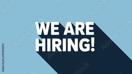 The image displays the phrase we are hiring in bold white capital letters against a solid light blue background high quality professional detailed modern elegant stylish