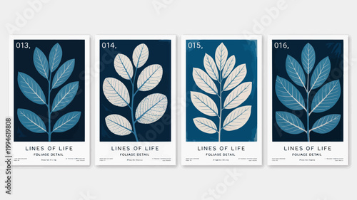 A series of four botanical prints showcases cyanotype images of various leaves each labeled with a number and lines of life high quality professional detailed modern