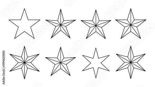 A collection of six black and white stars are displayed varying slightly in their point shapes and overall design high quality professional detailed modern elegant stylish