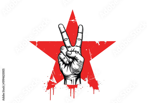Peace sign hand gesture with red star, distressed grunge style