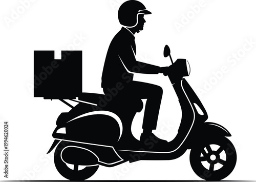Delivery man riding scooter with package box representing courier service, fast delivery, logistics, shipping, online order, transportation and last mile delivery concept illustration
