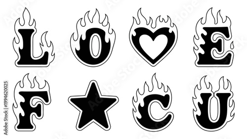 A striking black and white graphic depicts the word love and additional symbols engulfed in stylized flames creating a bold visual statement high quality professional detailed