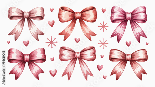A collection of watercolor bows in shades of pink and rose accompanied by scattered heart and star shaped embellishments high quality professional detailed modern elegant stylish