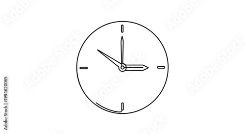 Minimalist analog clock face, simple line art, time concept, white background