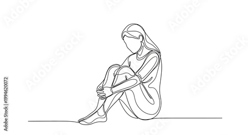 Contemplative Woman Sitting Line Art - Minimalist Single Line Drawing of Solitude
