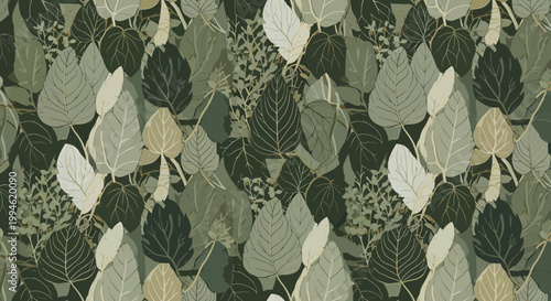 Seamless Pattern of Lush Green Leaves in Various Shades, Tropical Foliage Design