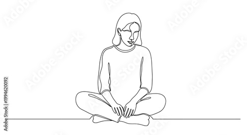 Continuous line drawing of a woman sitting cross-legged, contemplating, minimalist art, isolated on white background
