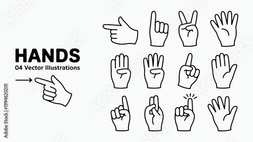 A collection of twelve black and white line art illustrations depicting various hand gestures and signs arranged in a grid format high quality professional detailed modern