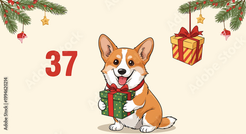 Cute corgi dog holding a Christmas gift box with a red ribbon.