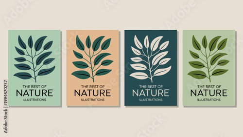 Four botanical illustrations showcase stylized leafy branches against subtly different colored backgrounds accompanied by the text the best of nature high quality professional detailed modern elegant