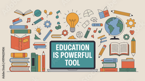 An illustration depicts educational tools like books a globe laptop and lightbulb symbolizing the power of learning and knowledge high quality professional detailed modern elegant stylish