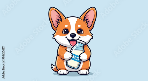 Cute Corgi Dog Holding a Milk Bottle Cartoon Illustration.