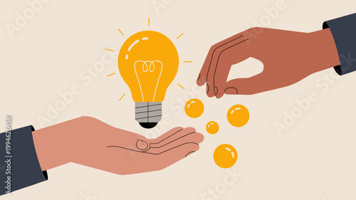 An illustration depicts two hands exchanging a glowing lightbulb and several smaller similarly colored orbs high quality professional detailed modern elegant stylish clean crisp vibrant colorful