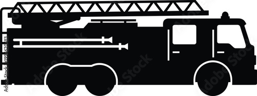 Fire truck silhouette with extended ladder representing emergency service, firefighting, rescue operation, safety, protection, disaster response and public service vehicle concept illustration