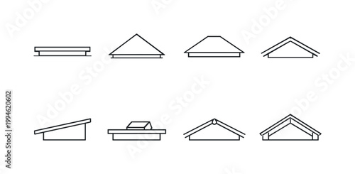 Minimal line art set of eight roof profiles showing flat, gable, hip, shed, and overhang variations for architectural design and construction drawings
