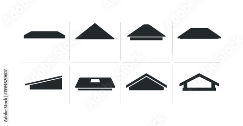 Minimal black roof silhouette icon set showing varied house rooftop profiles, gable and hip designs, and simple architectural shapes on white background