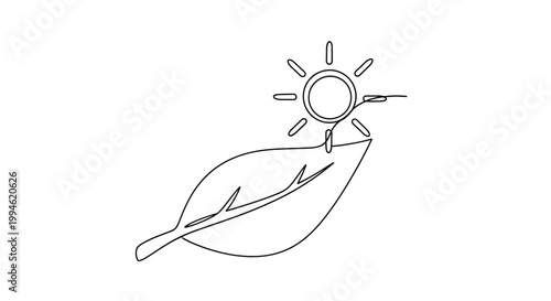 Single Line Drawing: Sun Shining On A Leaf, Symbolizing Growth, Nature, And Energy