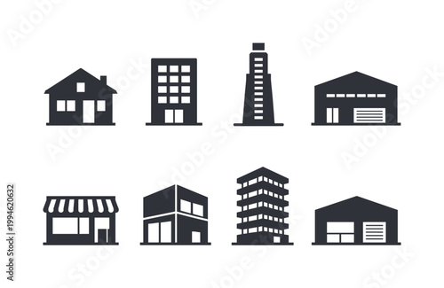 Set of black building silhouettes including house, apartment blocks, tower, storefront, warehouse and garage icons for urban architecture design