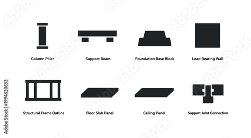 Minimal black silhouettes of structural building components, including column pillar, support beam, foundation block, load-bearing wall, frame outline, slabs, ceiling, joints