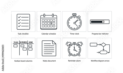 Set of minimal line icons for productivity and project management, featuring checklist, calendar, timer, progress bar, kanban columns, notes, alarm, workflow