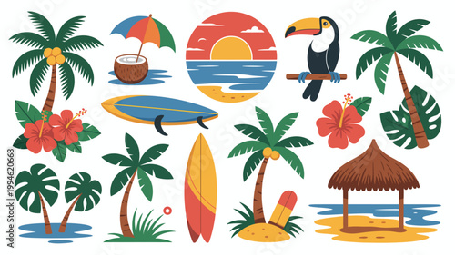 A vibrant colorful illustration depicts tropical elements including palm trees surfboards a toucan and a sunset evoking a summery beach vibe high quality professional detailed modern