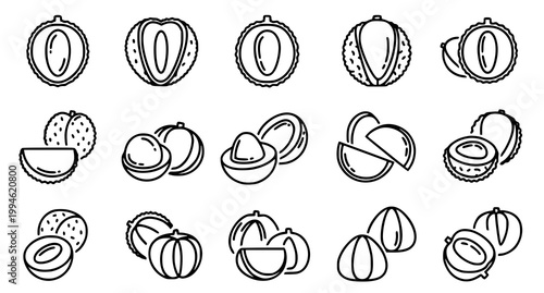 Line art illustrations of passion fruit a variety of shapes sections and open fruit depictions
