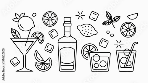 A minimalist line art illustration depicts various cocktail ingredients and drinks including citrus fruits ice cubes and glassware high quality professional detailed modern elegant stylish clean