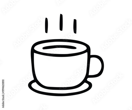 Simple black and white illustration of a steaming cup on a saucer