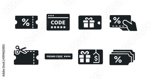 Set of discount and coupon icons featuring percent tickets, promo code card, gift voucher, price tag, and cutout coupon for online shopping deals