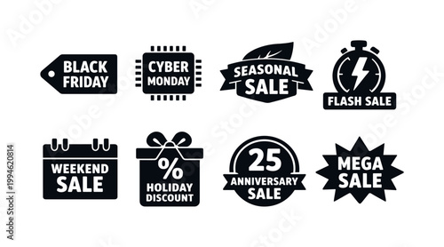 Set of eight black sale badges and labels with discount, seasonal, weekend, anniversary, mega and flash sale icons in minimal monochrome style