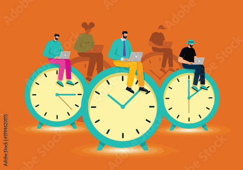 Diverse group of professional people working on laptops while sitting on large clocks, concept of time management and productivity