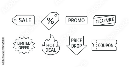 Set of minimal line icons for retail promotions featuring sale tags, discount percent label, promo badge, clearance sign, coupon ticket and price drop arrow