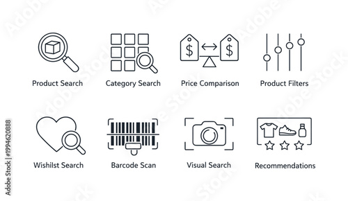 Minimal line icon set illustrating ecommerce search and shopping tools including product search, category search, price comparison, filters, barcode scan, visual search