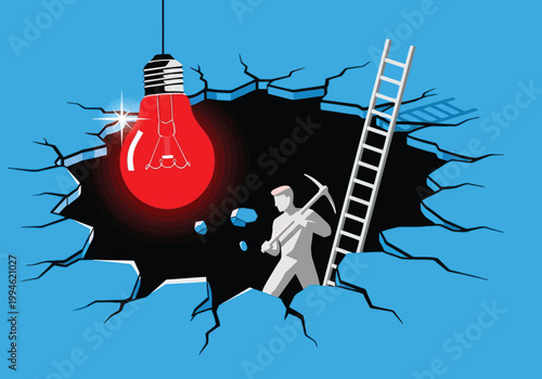 A conceptual illustration of a worker with a pickaxe inside a cracked wall hole with a glowing red light bulb hanging above