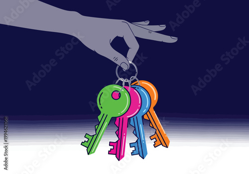 Hand holding a bunch of colorful keys on a ring, illustration of property ownership, real estate concept, access and security symbol