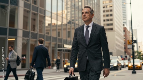 Professional Man Walking with Briefcase in Urban Business District