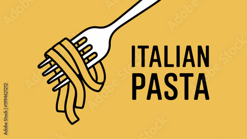 A simple graphic depicts a white fork twirling a portion of fettuccine pasta against a bright mustard yellow background with text high quality professional detailed modern
