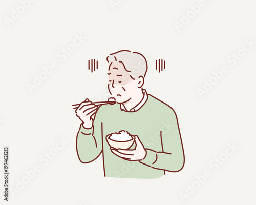 Elderly Man Losing Appetite and Feeling Sad During Meal Original vector illustration drawn by hand.