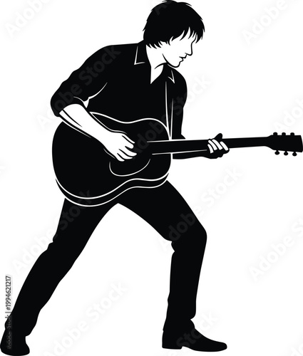 Guitar player silhouette performing music representing live performance, rock musician, entertainment, concert, creativity, artistic expression, band culture and modern music concept illustration