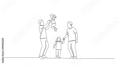 Happy Family Lifestyle Drawing: Two Dads Playing with Daughters, One Girl Tossed in Air