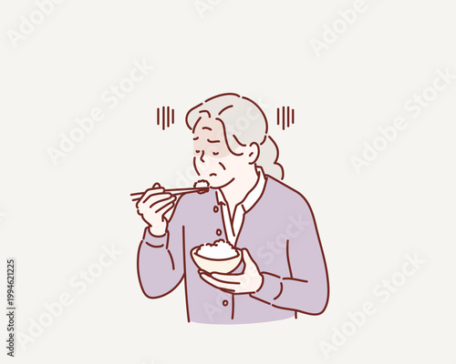 Elderly Woman Losing Appetite and Feeling Sad During Meal Original vector illustration drawn by hand.